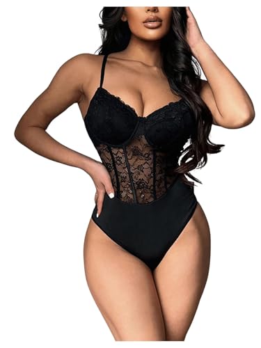 Milumia Women's Floral Lace Mesh Corset Bodysuit V Neck Spaghetti Strap Cami Top