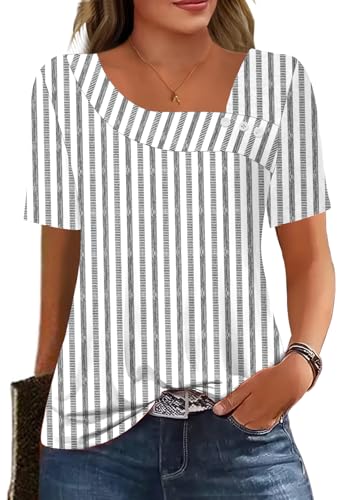Soesdemo Womens Summer Tops Asymmetrical Neck Short Sleeve Button Dressy Casual Lightweight Tunic T Shirts Blouse