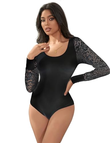 Lace Bodysuit Long Sleeve Leotards for Women Sexy Round Neck Body Suit Tops Openable Crotch Going Out Tops S-2XL