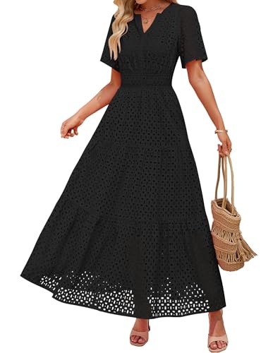 ZESICA Women's 2025 Summer Short Sleeve Maxi Dress Casual V Neck Hollow Out Eyelet Ruffle Swing A Line Long Dresses