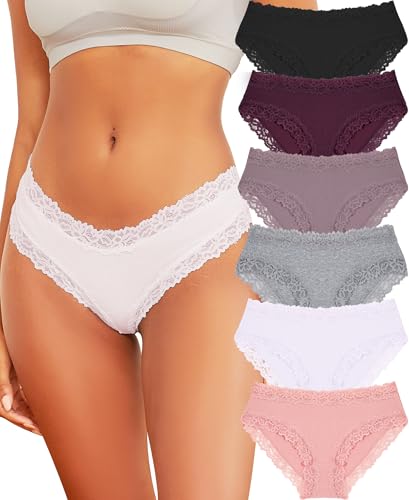 FINETOO Womens Underwear Cotton Bikini Underwear for Women Lace Wasit Hipster Panties Soft Breathable Briefs 6 Pack