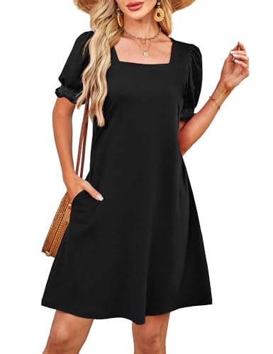 Summer Dresses for Women 2025 Casual Cute Square Neck Puff Short Sleeve Dress with Pockets