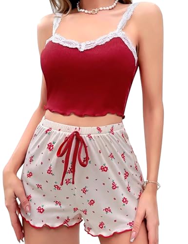 Sexy Pajama Set for Women 2 Piece lounge Set Floral Cami and Shorts Lingerie Set Cute Pjs Lace Trim Sleepwear