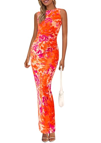 PRETTYGARDEN Wedding Guest Dresses for Women 2025 Summer Spring Floral Bodycon Sleeveless Mesh Maxi Long Dress