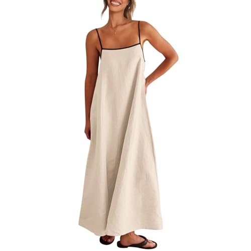 Shy Velvet Women's 2025 Summer Linen Maxi Dress Contrast Spaghetti Strap Dress Backless Sleeveless Casual Party Beach Dresses