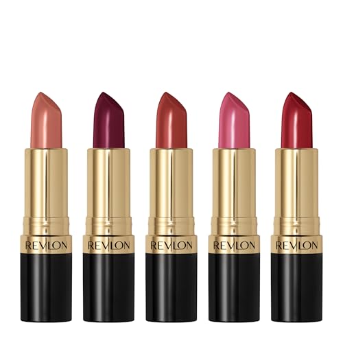 REVLON Super Lustrous Lipstick Gift Set, 5-Piece, Creamy Formula, Moisturized Feel, 755 Bare It All, 477 Black Cherry, 535 Rum Raisin, 805 Candied Rose, 810 Uncut Ruby