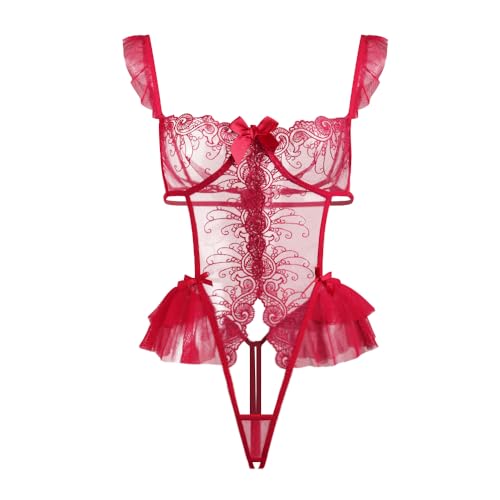 Women Lace Bodysuit Half Cup One Piece Teddy Sexy Strappy Ruffle Lingerie High Cut Floral Babydoll Outfit Nightwear Top