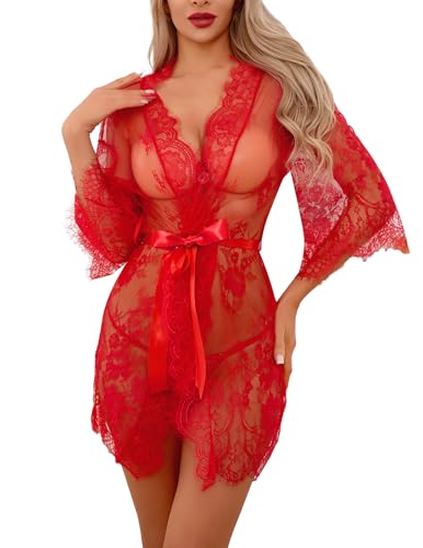 Narcisse Women's Lingerie Lace Kimono Robe Mesh Nightgown for Women Chemise Babydoll Lingerie Cover Up Sheer Robe with Belt