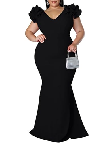 Women's Plus Size Maxi Dress Elegant V-Neck Ruffle Sleeves Bodycon Mermaid Dresses Evening Gown