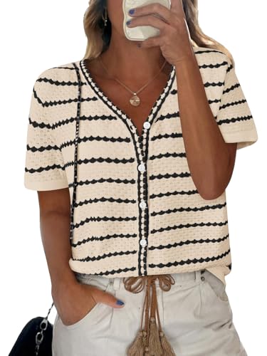 NALANISA Women's Short Sleeve Sweater Spring Summer Crochet Knit Tops 2025 V Neck Striped Button Down Dressy Casual Blouses