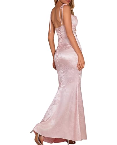 GLNEGE Women's Satin Bodycon Maxi Dress Elegant Formal Spaghetti Strap Cowl Neck Evening Party Dresses