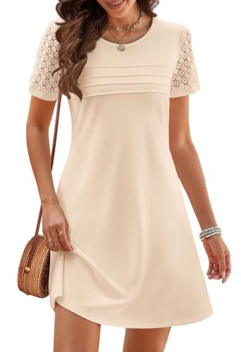 MEROKEETY Women's Summer Short Lace Sleeve T Shirt Dress Casual Crew Neck Pleated Front Shift Dresses