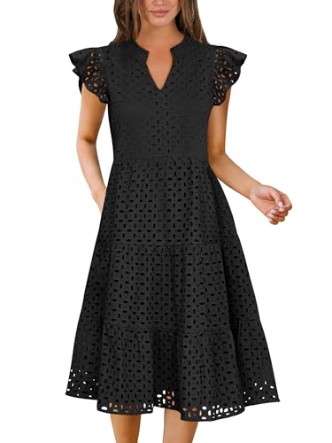 ANRABESS Womens 2025 Summer Midi Dress Hollow Out Eyelet Ruffle Sleeve V Neck Casual Flowy Tiered Beach Vacation Sundress