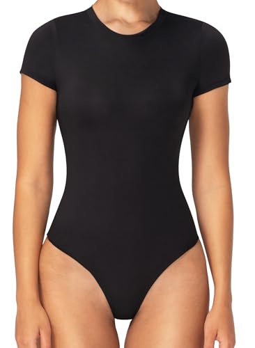 Sunzel Bodysuits for Women with Tummy Control- Crew Neck Short Sleeve Thong Body Suits Sexy Compression T shirts Tops