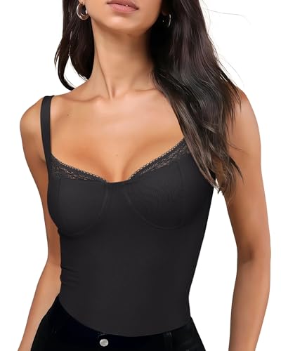 REORIA Lace Trim Tank Top Bodysuit for Women Sleeveless Square Neck Sexy Thong Bodysuit Going Out Bustier Holiday Club Tops