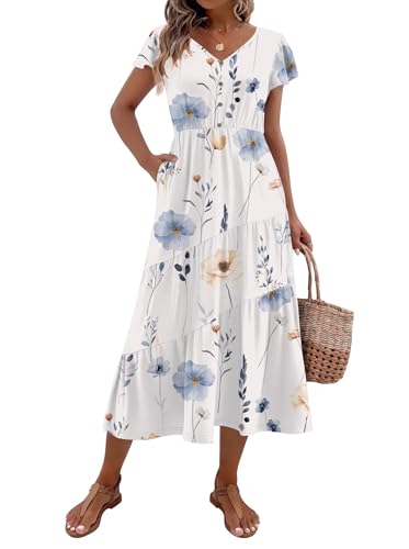 Zeagoo Women's Summer Casual Dress Flutter Short Sleeve V Neck Button Down Tiered Flowy Long Dress with Pockets