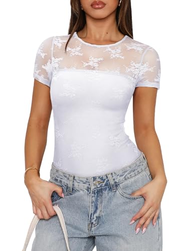 PINKMSTYLE Womens Crew Neck Lace Short Sleeve Bodysuit Double Lined Going Out Tops Sexy Thong Body Suit Shirts