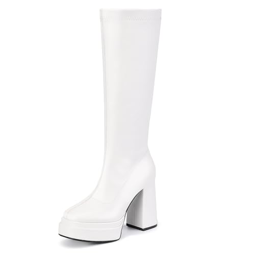 IDIFU IN4 Knee High Boots for Women Platform Gogo Boots Square Toe Chunky Block High Heel Tall Boots Ladies Disco Dress Long Boots Comfortable Fashion Sexy Dressy Pull On Calf High Thick Fall Boots