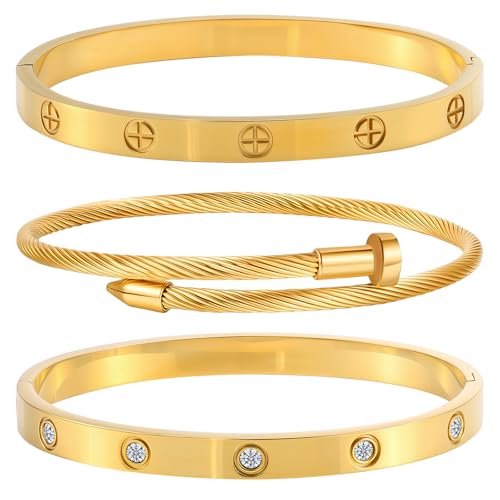 Gold Bracelets for Women - Crystal Stackable Bangles with Friendship & Love Theme - Stainless Steel Jewelry, Ideal Birthday Gift