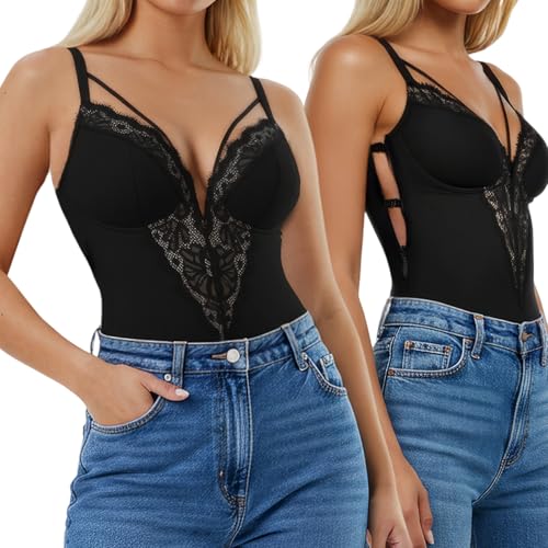 Popilush Body Suits for Womens Tummy Control Corset Lace V Neck Compression Bodysuit Underwired Side Zipper Party