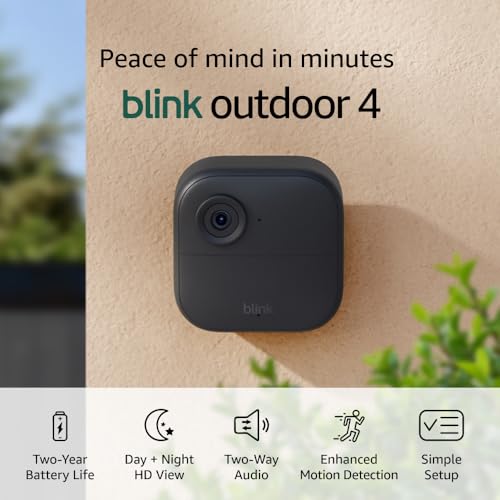Blink Outdoor 4 (newest model), Wireless smart security camera, two-year battery, 1080p HD day and infrared night live view, two-way talk ?C 5 camera system