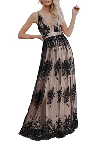 Dokotoo Womens Formal Dresses Deep V-Neck Embroidered Lace Mesh Evening Party Prom Dress Long Wedding Dress