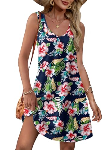 OFEEFAN Womens Summer Dresses 2025 V Neck Sleeveless Sundresses with Pockets Beach Vacation Clothes Floral/Plain