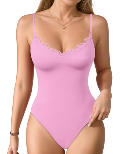 MANGOPOP Lace Body Suits Women Sexy Cami Thong V Neck Bodysuit for Women Double Lined Adjustable Spaghetti Strap Tank Tops