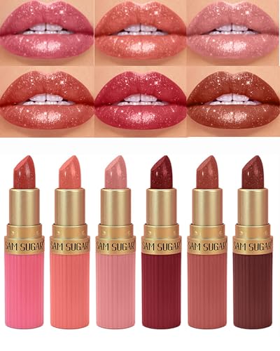 Sparkling Glitter Lipstick Set,6 Pcs Shimmer Nude Pink Brown Dark Rose Red Lip Gloss for Women Long Lasting Waterproof Metallic Diamond Shiny Lipstick Non-Stick Lipgloss Lip Color labiales Makeup Gift