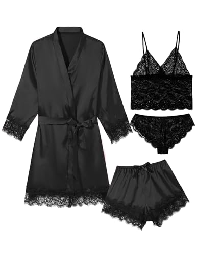 Womens Lingeries Silk Pajamas Robes Set 4 Pcs Sexy Pjs Cami Shorts Satin Sleepwear Lace Loungewear