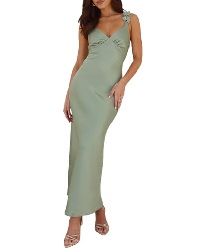 Phicia Summer Satin Spaghetti Strap V Neck Midi Dresses for Women Wedding Guest Elegant Flower Backless Cocktail Formal Dress