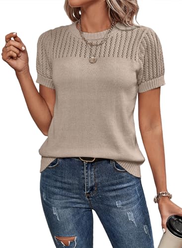 Dokotoo Womens Summer Tops Dressy Casual Crewneck Short Sleeve Shirts Solid Hollow Out Knit Loose Sweater Blouses
