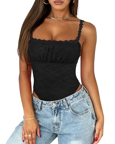 Saslax Women's Sexy Square Neck Lace Sleeveless Bodysuit Tank Tops Double Lined Body Suit Thong Outfits