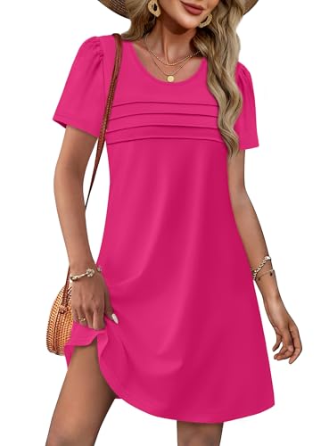 OFEEFAN Womens Pleated Front Dresses Fashion Spring Puff Sleeve Pockets Sundress Casual Summer