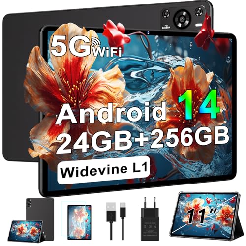 Tablet 11 inch, 2025 Android 14 Tablet with 24GB RAM 256GB ROM ( 1TB Expand ), Octa-Core Tablets with 13MP+5MP Camera, 8000mAh, IPS HD Touch Screen, 5G WiFi Widevine L1, GPS, Split Screen -Metal Black