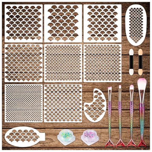 Mermaid Scale Stencil Kit,11Pcs Reusable Mermaid Face Makeup Templates and 4 Pcs Makeup Brushes 2 Bottles Glitter, Women Girls Body Art Face Painting Wall Accessories