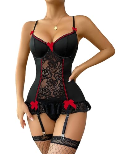 Lilosy Sexy Stocking Garter Belt Bows Floral Lace Babydoll Corset Push Up Teddy Lingerie Set with Panty