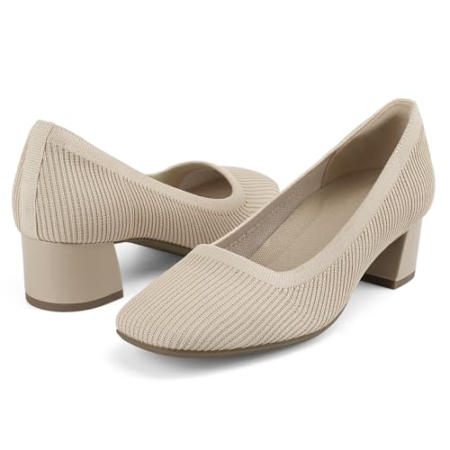 JENN ARDOR Low Chunky Heels Dress Shoes for Women Comfortable Knit Block Heeled Pumps Square Closed Toe Dressy Casual Wedding Party Prom Office Work Slip on Shoes