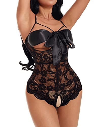 Women Teddy Lingerie Floral Lace Bodysuit Bow Front One Piece Babydoll Mini Bodysuit S-XXL