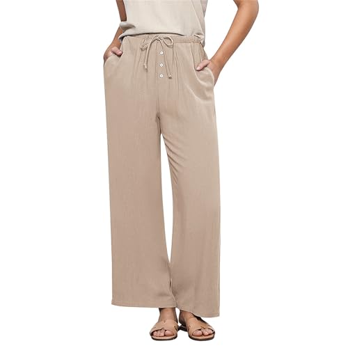 Hixiaohe Womens Linen Pants Summer Flowy Palazzo Trousers Casual Loose Wide Leg Pants High Waist Drawstring Beach Outfits