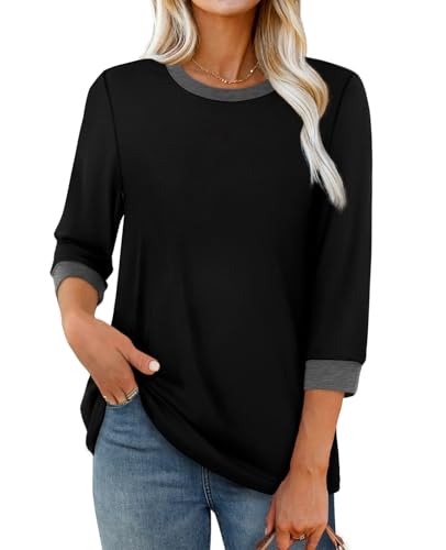 XIEERDUO Womens T Shirts 3/4 Length Sleeve Womens Tops Dressy Casual Crew Neck Color Block Tunic Tops