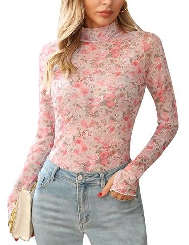 Ugerlov Womens Lace Long Sleeve Mesh Top Floral Mock Neck See Through Going Out Top with Thumb Hole Party Outfits Shirts