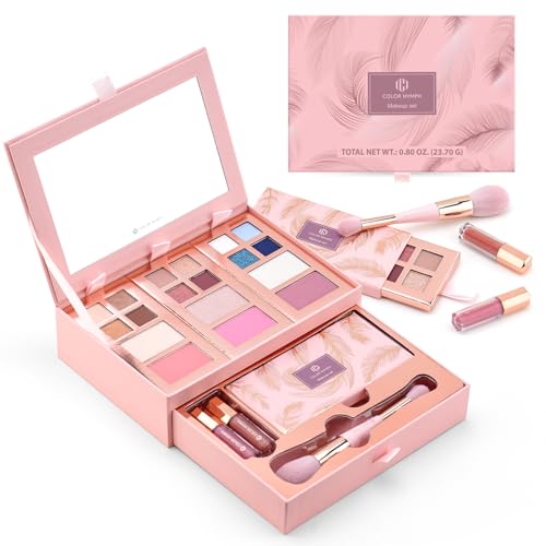 Color Nymph Small Makeup Palette Set for Face | Cosmetics Gift Set for Women & Girls | 12 Colors Eyeshadow, Blush, Highlighter, Contour Powder, Lip Gloss & Brush Kit | Travel-Friendly (Pink)