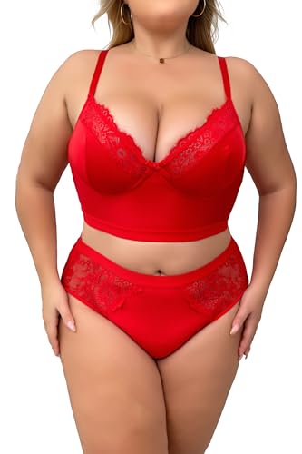 Womens Plus Size 2 Piece Lingerie Set Floral Sexy Mesh Sheer V Neck 3/4 Cup Lace Outfits
