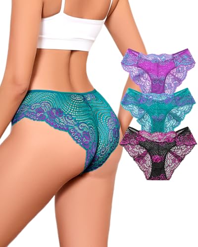 Lace Panties for Women Cheeky Low Rise Underwear with Wave Lace Trim, Sexy & Comfortable Hipster Panty 3 Pack