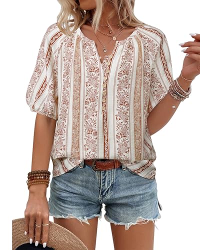 Unixseque Womens Summer Tops V Neck Short Sleeve Blouses Casual Button Down Shirts Floral Boho Clothing Trendy 2025