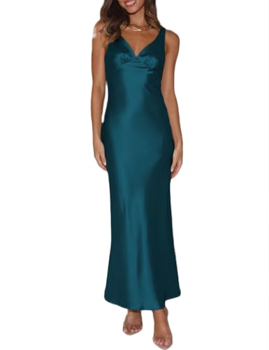 Womens Elegant Satin V Neck Backless Sleeveless Maxi Dress Silk Tie Low Back Formal Cocktail Dresses Wedding Guest