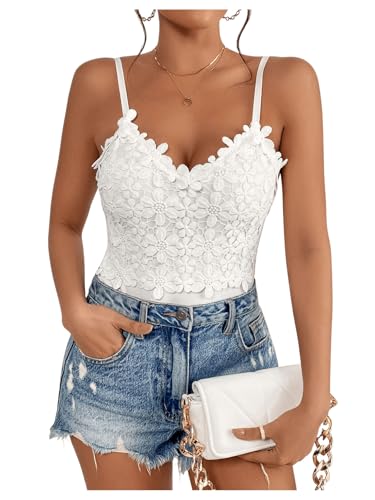 SweatyRocks Women's Appliques Lace Bodysuit Sleeveless V Neck Fitted Camisole Tops