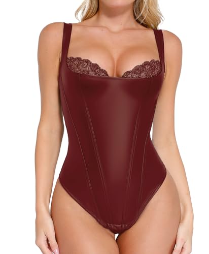 Popilush Body Suits for Womens - Tummy Control Shapewear Bodysuits Leather Corset Tops Lace Thong Body Shaper