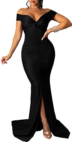 Sexy Formal Dress for Women Ruched Off Shoulder Club Cocktail Bodycon Evening Gown Maxi Long Dresses
